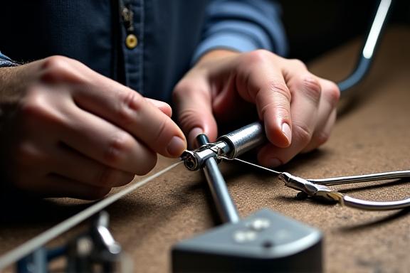 職人が工房でゴルフクラブを精密に組み立てている手元