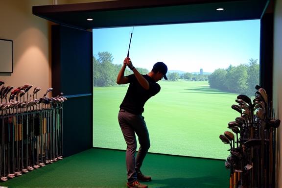 顧客が試打ブースで様々なクラブをテストしている