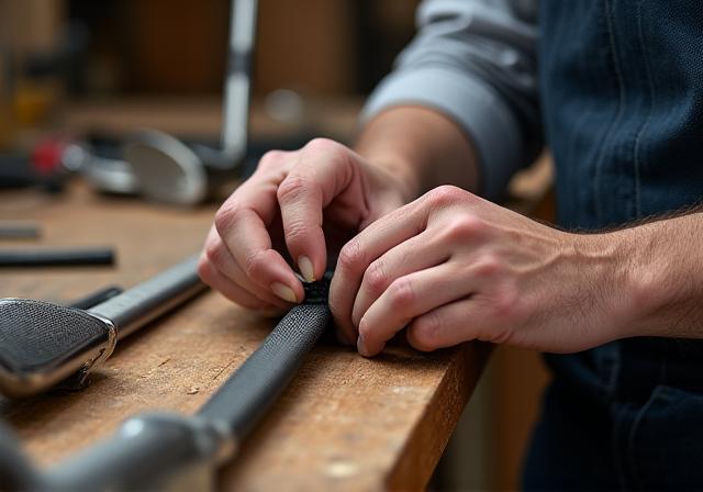 作業台でゴルフクラブのグリップを交換している職人